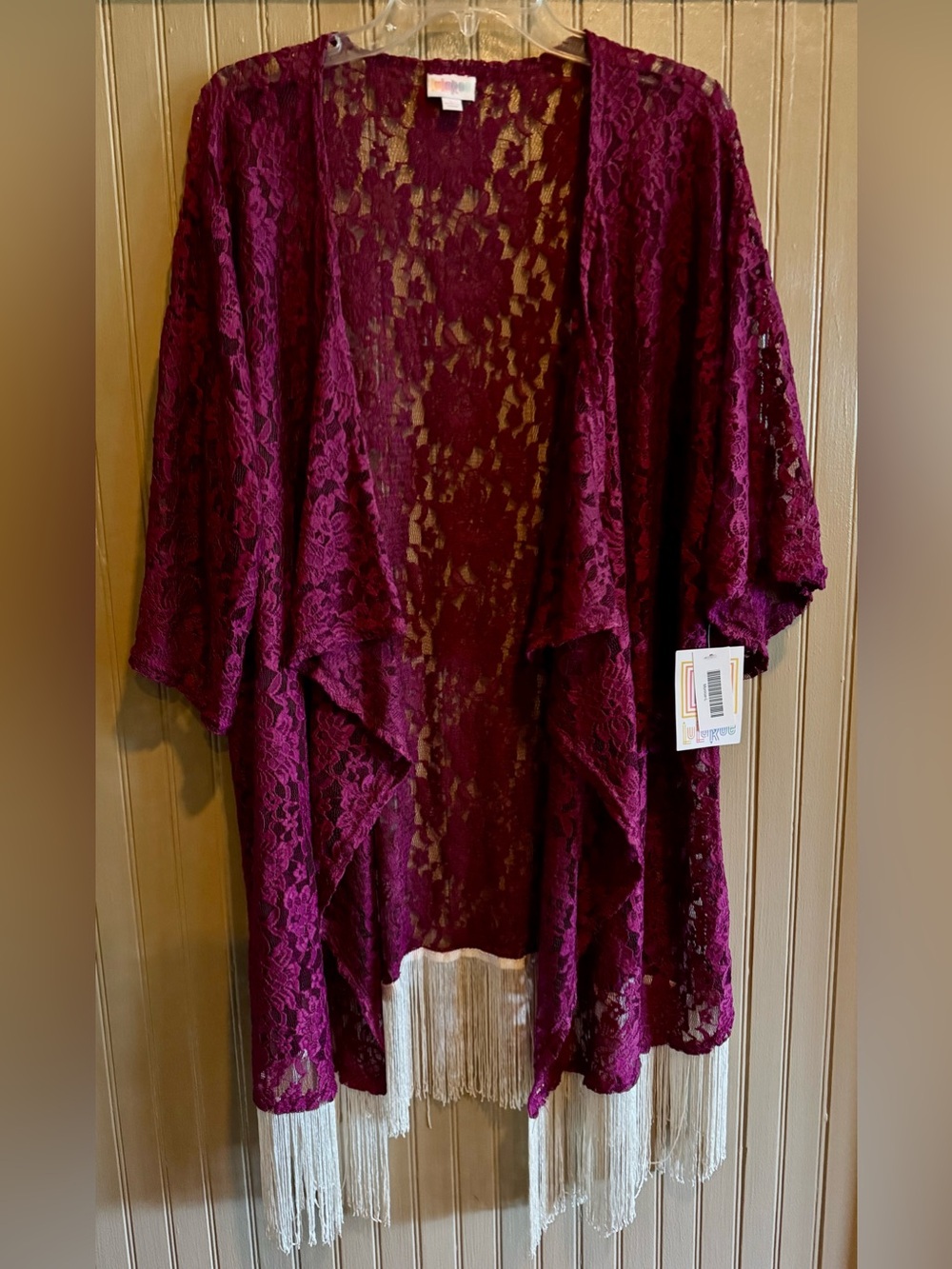 LuLaRoe Burgundy Lace Fringe Open-Front Kimono Monroe New Large